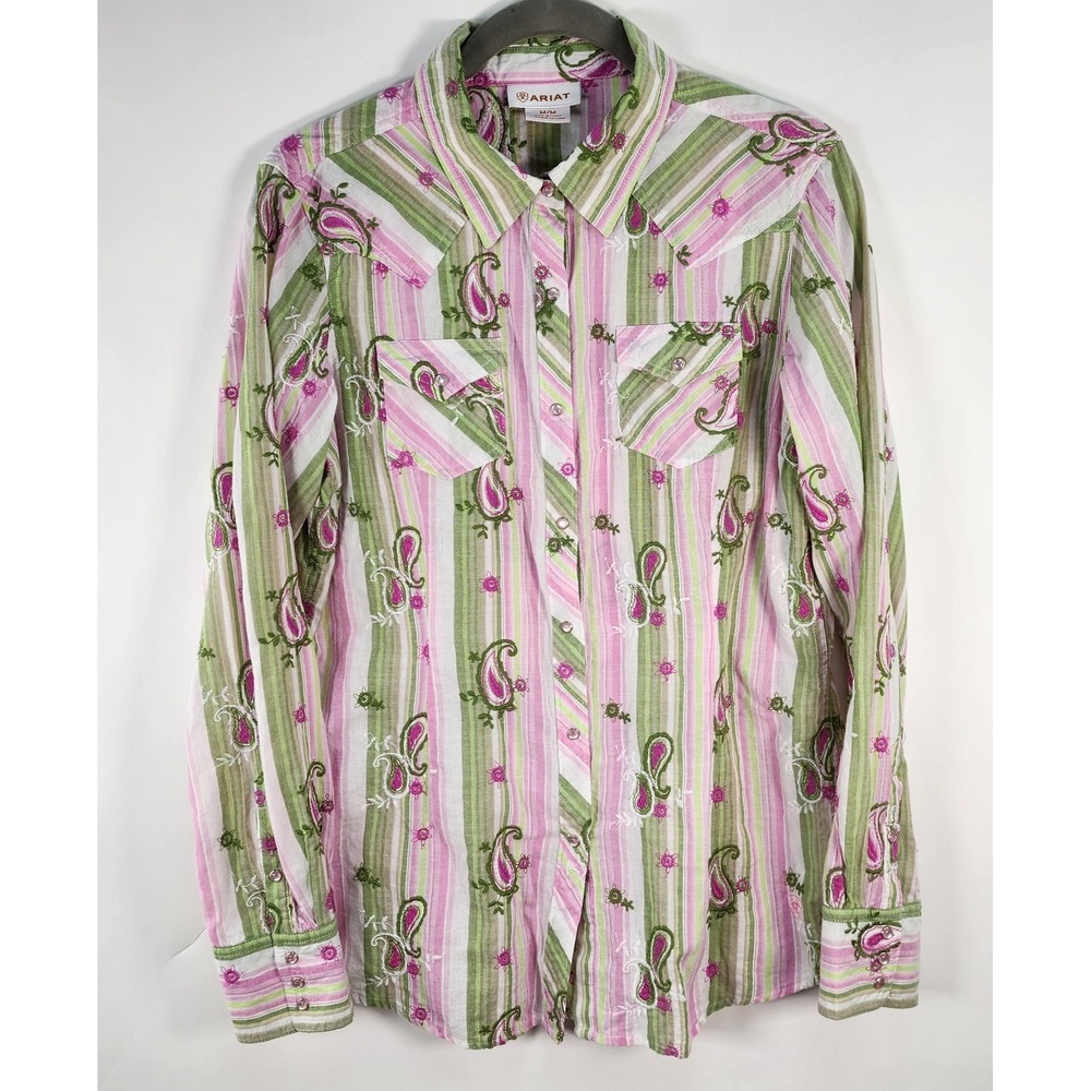 Ariat Western Pearl Snap Top Women's M Pink Green Paisley Rodeo Embroidered